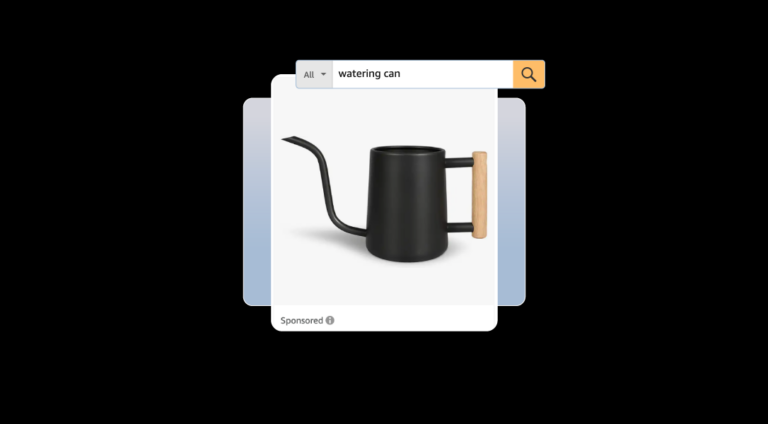Image of a sponsored product ad on amazon. This product ad is a watering can, and shows the search bar 